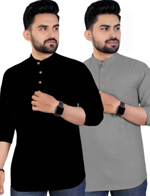 Navkanj Men Solid Asymmetric Kurta(Grey)