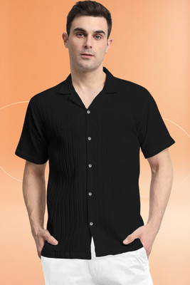 A DEEMOON TREND Men Striped, Self Design, Solid Casual Black Shirt