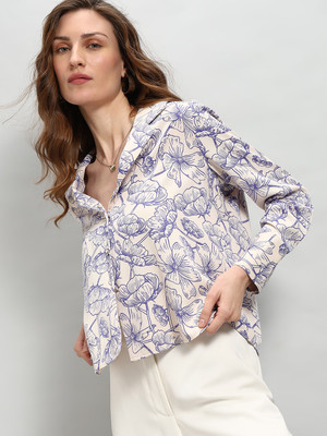 VERO MODA Women Floral Print Casual Blue, Cream Shirt