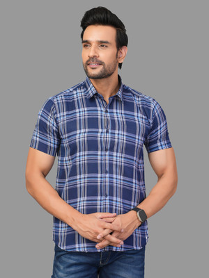 RENOUX Men Checkered Casual Blue Shirt