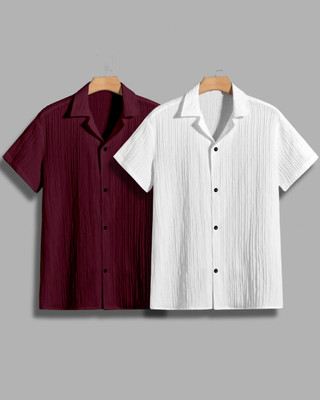 House of Vinay Men Self Design Casual Maroon, White Shirt(Pack of 2)