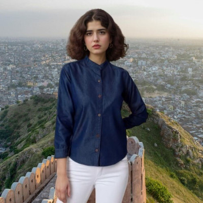 HouseOfCommon Women Solid Casual Blue Shirt