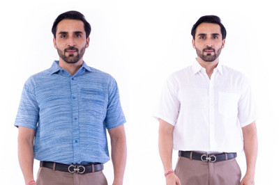 DESHBANDHU DBK Men Solid Casual White, Blue Shirt(Pack of 2)
