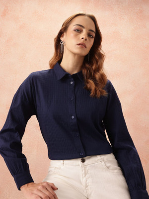 all about you Women Self Design Casual Blue Shirt
