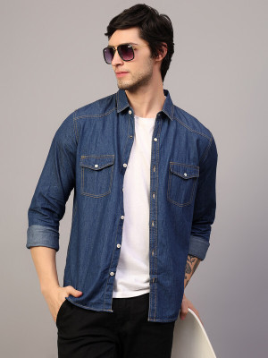 HouseOfCommon Men Solid Casual Blue Shirt