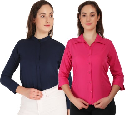 Mamnoon Women Solid Formal Dark Blue, Pink Shirt(Pack of 2)