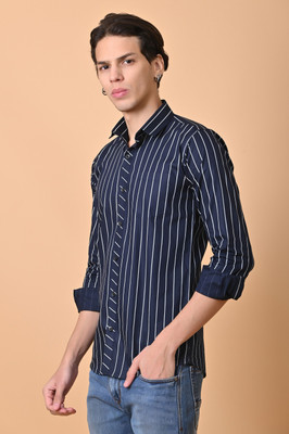 Lee Cross Men Striped Casual Dark Blue Shirt