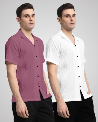 HEMAS LIFESTYLE Men Self Design Casual Pink, White Shirt(Pack of 2)