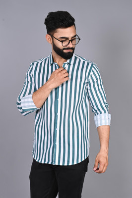 FUBAR Men Striped Casual Green Shirt