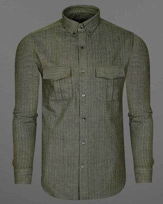 french crown Men Self Design Casual Green Shirt