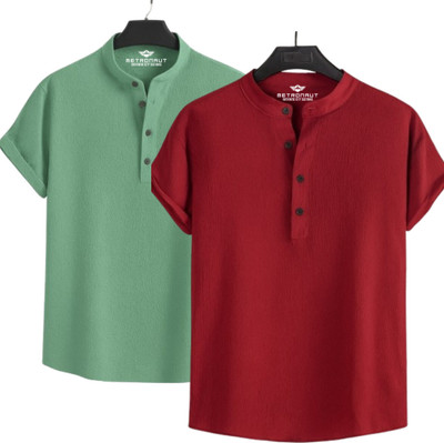 METRONAUT Men Self Design Casual Green, Maroon Shirt(Pack of 2)