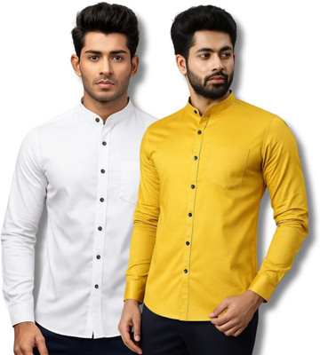 ModeNex Men Solid Casual White, Yellow Shirt(Pack of 2)