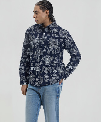 Snitch Men Printed Casual Dark Blue Shirt