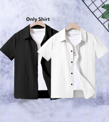 ShopGlobal Boys Self Design Casual Black, White Shirt(Pack of 2)