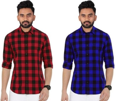 REHAN Men Checkered Casual Red, Blue Shirt(Pack of 2)