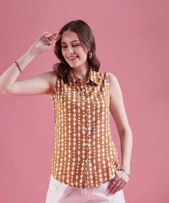 Dressberry Women Printed Casual Orange, White Shirt
