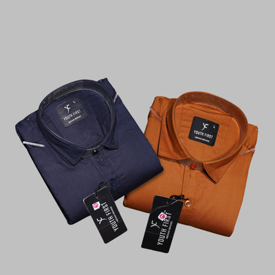 youth first Men Solid Formal Dark Blue, Brown Shirt(Pack of 2)
