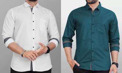 Tanip Men Solid Casual White, Green Shirt(Pack of 2)