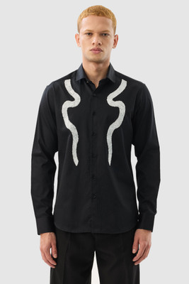 Snitch Men Self Design Formal Black Shirt