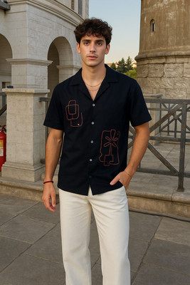 FTX Men Embroidered Casual Black Shirt