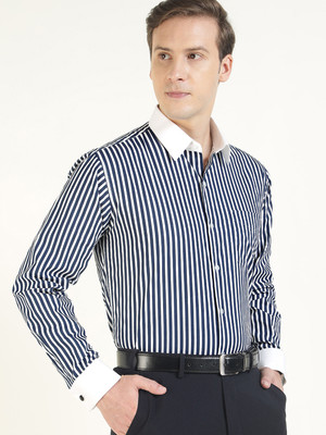 Hancock Men Striped Formal White, Blue Shirt