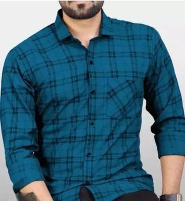MENPLANET Men Checkered Casual Dark Blue Shirt