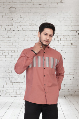 U AND J TREND Men Solid, Printed Casual Pink Shirt