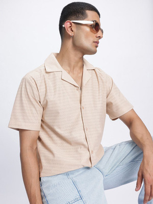 Glitchez Men Self Design Casual Beige Shirt