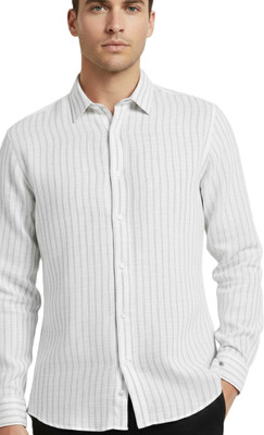 Sylora Men Striped Casual Gold, White Shirt