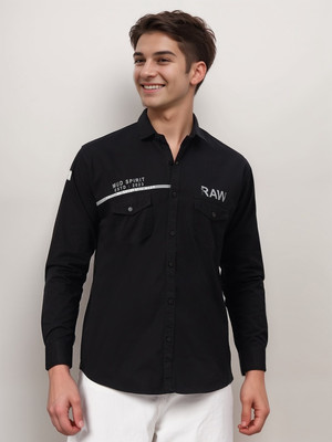 Masher Men Self Design Casual Black Shirt