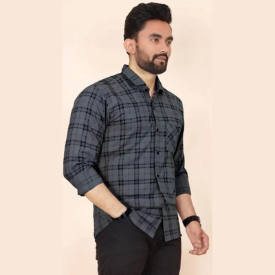 FATTY MOUSE Men Checkered Casual Grey Shirt