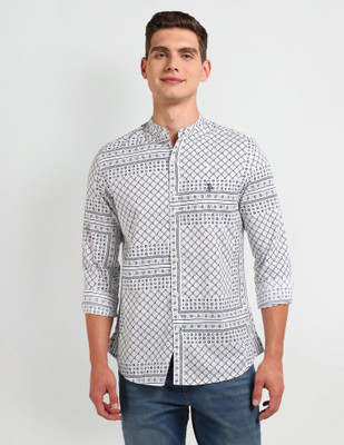 U.S. POLO ASSN. Men Printed Casual White, Dark Blue Shirt