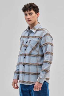 Snitch Men Checkered Casual Light Blue Shirt