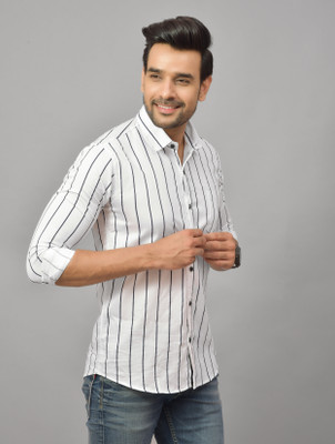 Hems trends Men Striped Casual White Shirt