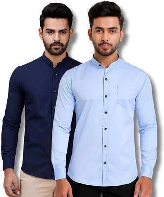 MAHIRAN Men Solid Casual Dark Blue, Light Blue Shirt(Pack of 2)