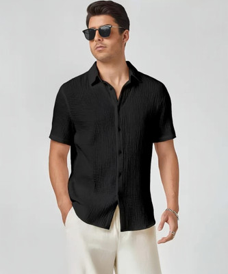 drezia Men Self Design Casual Black Shirt