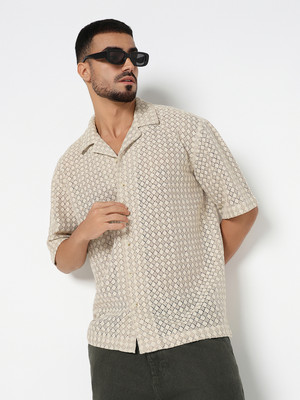 R&B Men Self Design Casual Beige Shirt