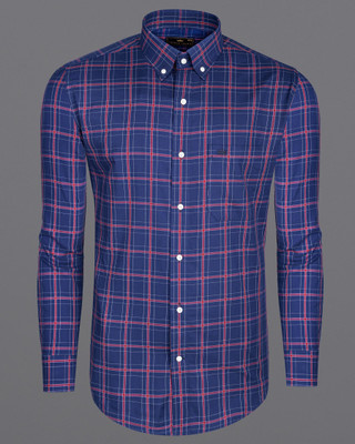 french crown Men Checkered Casual Dark Blue, Red, White Shirt
