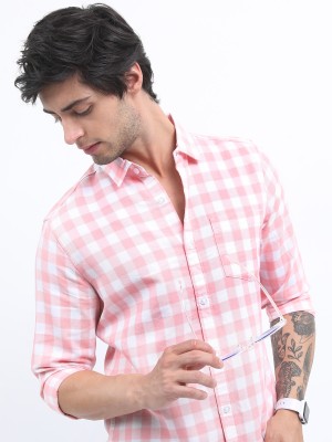 HIGHLANDER Men Checkered Casual Pink Shirt