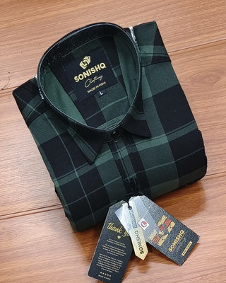 SONISHQ Men Checkered Casual Black, Dark Green Shirt