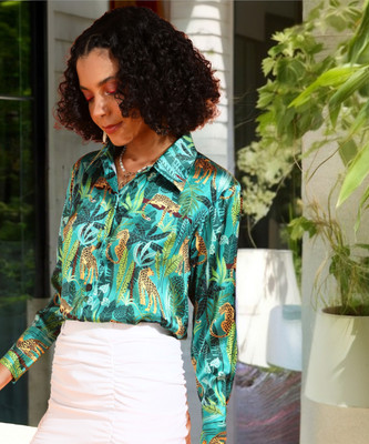 POPWINGS Women Printed Casual Green Shirt
