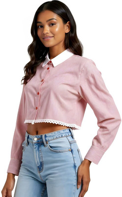 Glitchez Women Striped Casual Pink Shirt