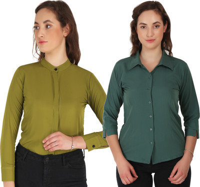 Mamnoon Women Solid Formal Green, Blue Shirt(Pack of 2)