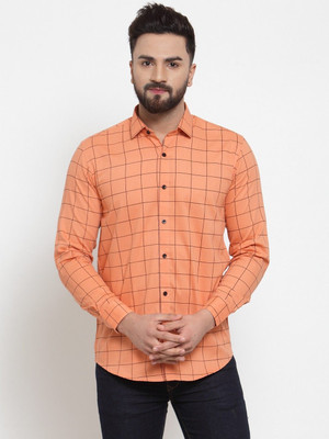 JAINISH Men Checkered Casual Orange Shirt
