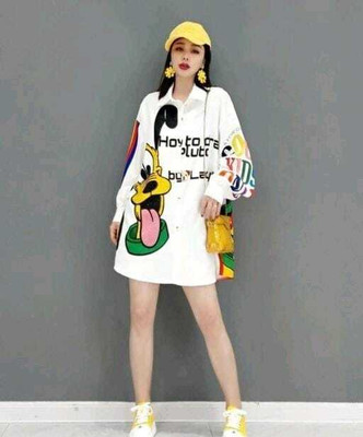 USK COLLECTIONS Women Shirt White Above Knee/Mid Thigh Length Dress