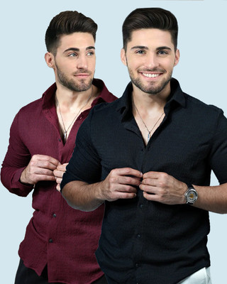 Marmic Fab Men Solid Casual Black, Maroon Shirt(Pack of 2)