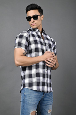 BlackLilly Men Checkered Casual White, Black Shirt