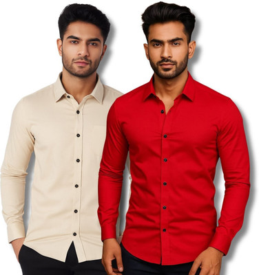 GOD HEART Men Solid Casual Beige, Red Shirt(Pack of 2)