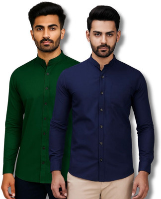 CROWNTAIL Men Solid Casual Green, Dark Blue Shirt(Pack of 2)