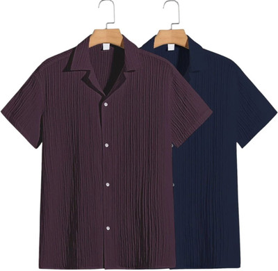 METRONAUT Men Self Design Casual Maroon, Dark Blue Shirt(Pack of 2)